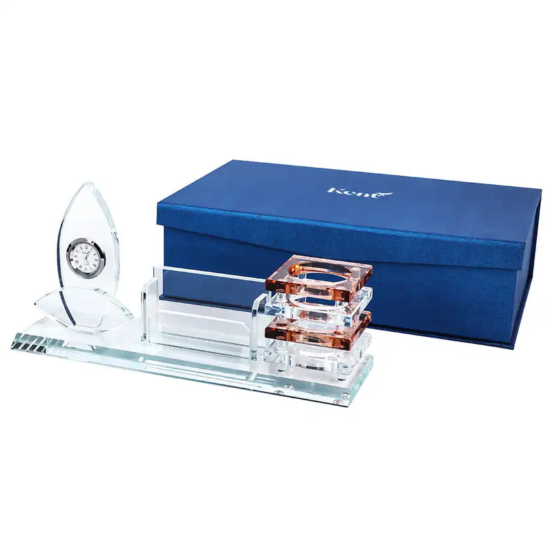 Kent Crystal Leaf Clock with Card and Brown Pen Holder