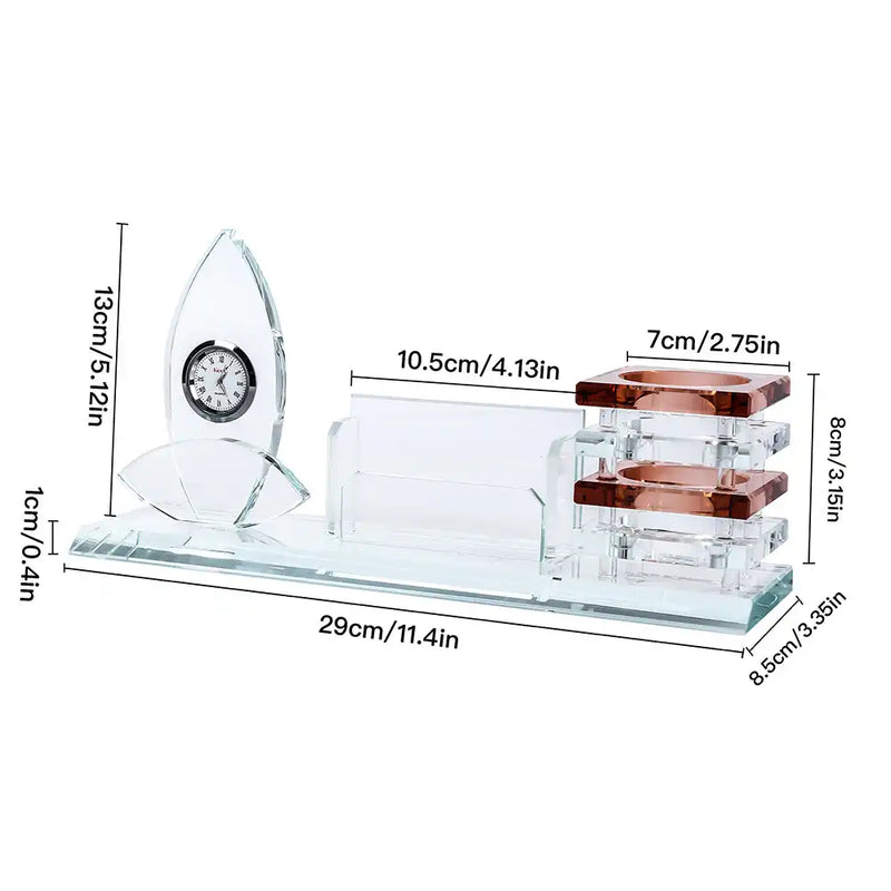 Kent Crystal Leaf Clock with Card and Brown Pen Holder